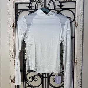 Mangopop Women’s Long Sleeve Mock Neck Sheer Mesh Accents Top Stretch Blouse NWT